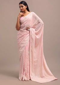 Light Pink Georgette Chikankari Jaal Work Saree With Unstitched Blouse