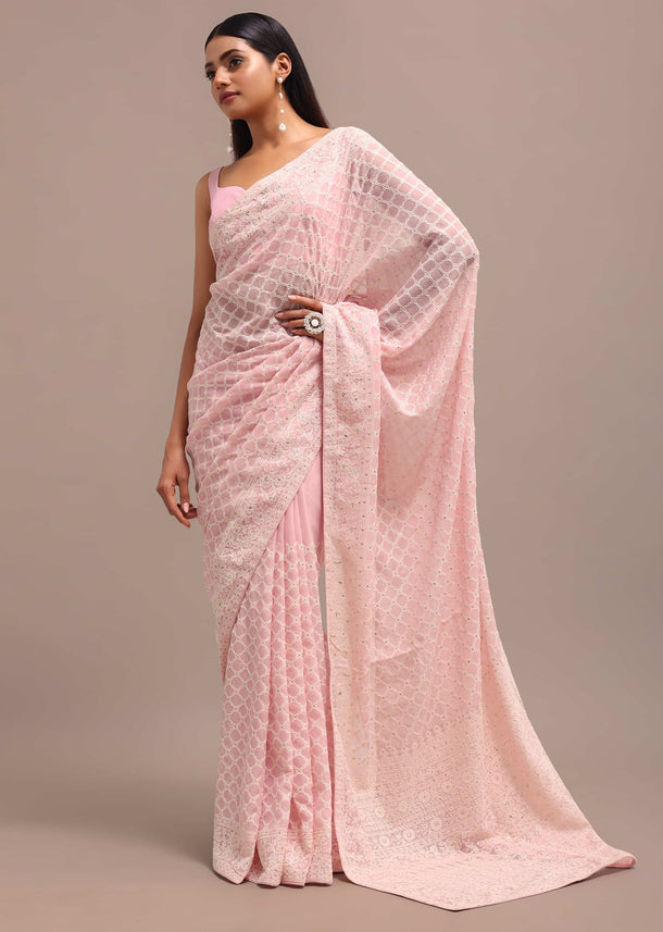 Light Pink Georgette Chikankari Jaal Work Saree With Unstitched Blouse