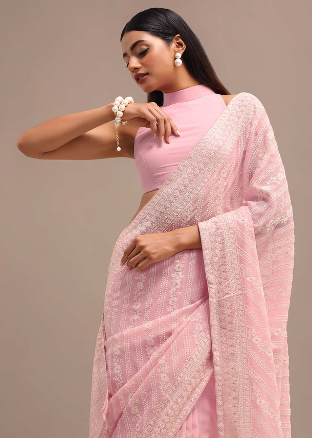 Light Pink Georgette Chikankari Saree With Unstitched Blouse