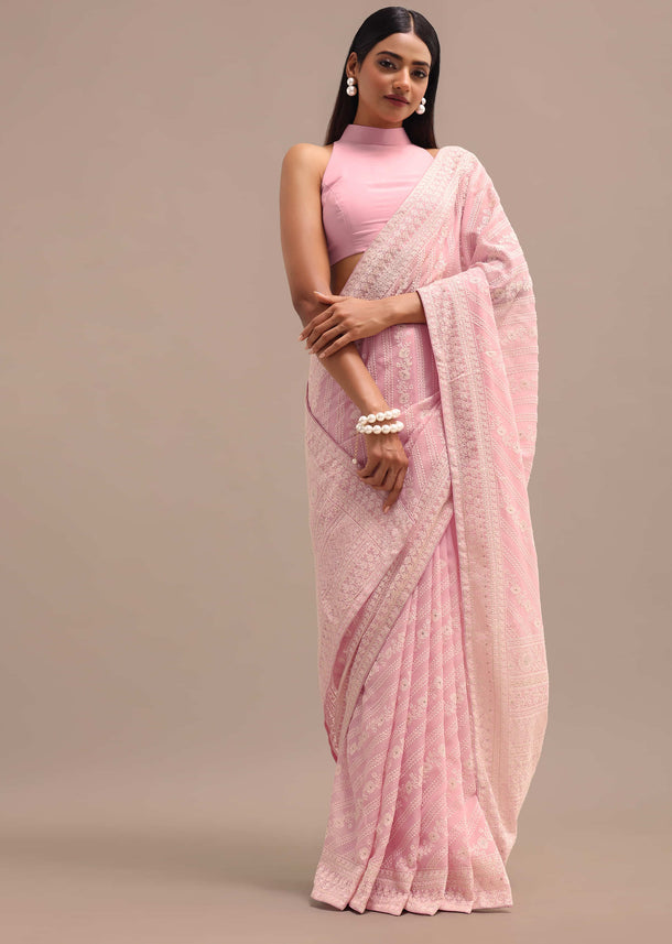 Light Pink Georgette Chikankari Saree With Unstitched Blouse