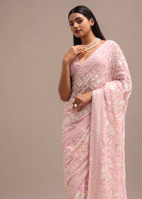 Light Pink Georgette Parsi Gara Saree With Unstitched Blouse