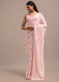 Light Pink Georgette Parsi Gara Saree With Unstitched Blouse