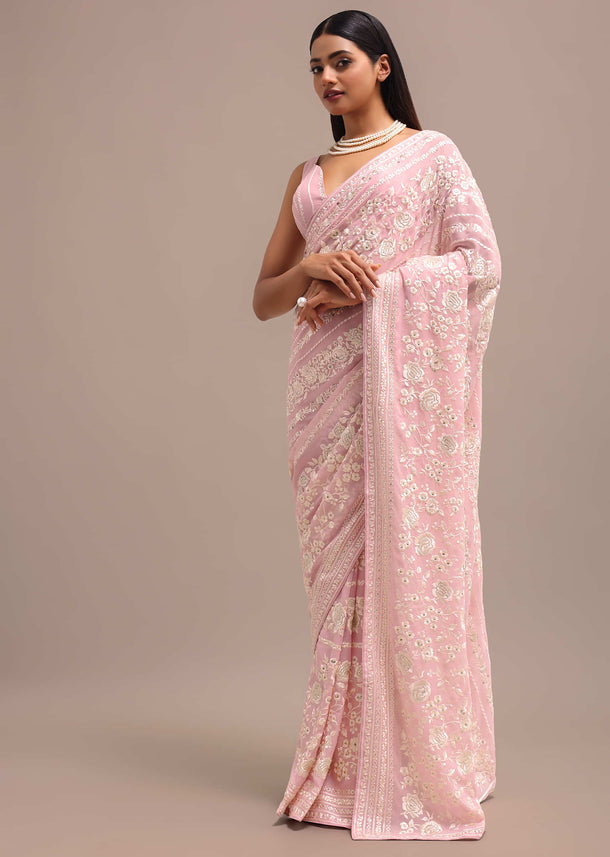 Light Pink Georgette Parsi Gara Saree With Unstitched Blouse