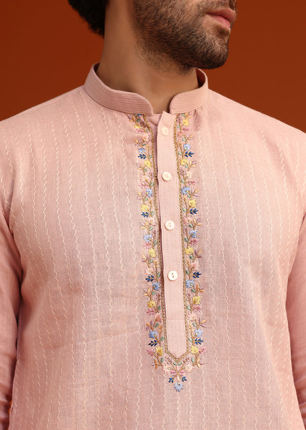 Light Pink Hand Embroidered Kurta And Pant Set