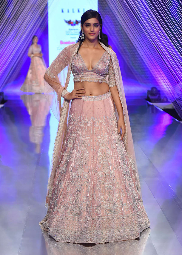 Light Pink Lehenga And Crop Top In Sequins Embroidery