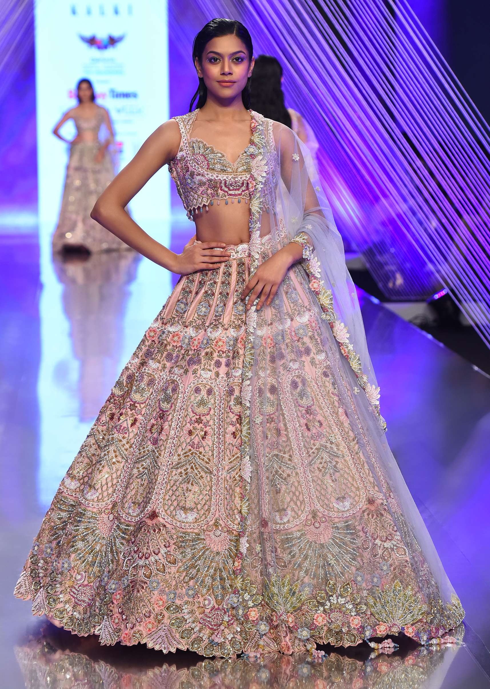 Light Pink Lehenga Set With A Choli In Moti Embroidery, Crop Top Comes In Half Sleeves With Cut Work