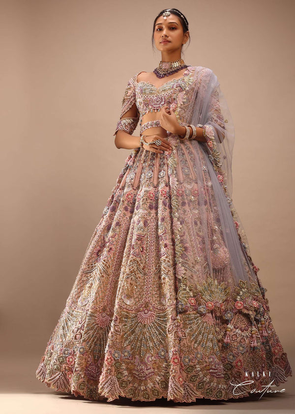 Light Pink Lehenga Set With A Choli In Moti Embroidery, Crop Top Comes In Half Sleeves With Cut Work