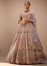 Light Pink Lehenga Set With A Choli In Moti Embroidery, Crop Top Comes In Half Sleeves With Cut Work