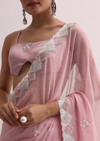 Light Pink Saree With Embroidered Border And Unstitched Blouse