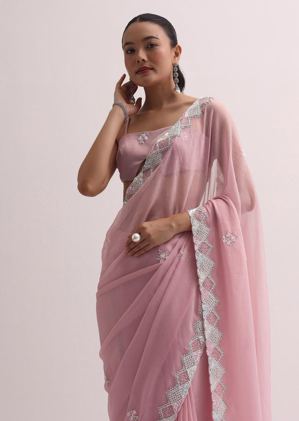 Light Pink Saree With Embroidered Border And Unstitched Blouse