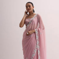 Light Pink Saree With Embroidered Border And Unstitched Blouse