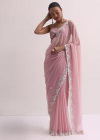 Light Pink Saree With Embroidered Border And Unstitched Blouse