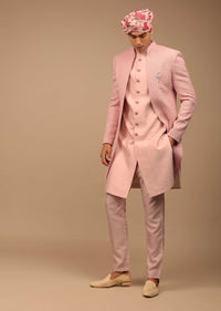 Light Pink Sherwani With Detailed Geometric Resham Work