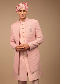 Light Pink Sherwani With Detailed Geometric Resham Work