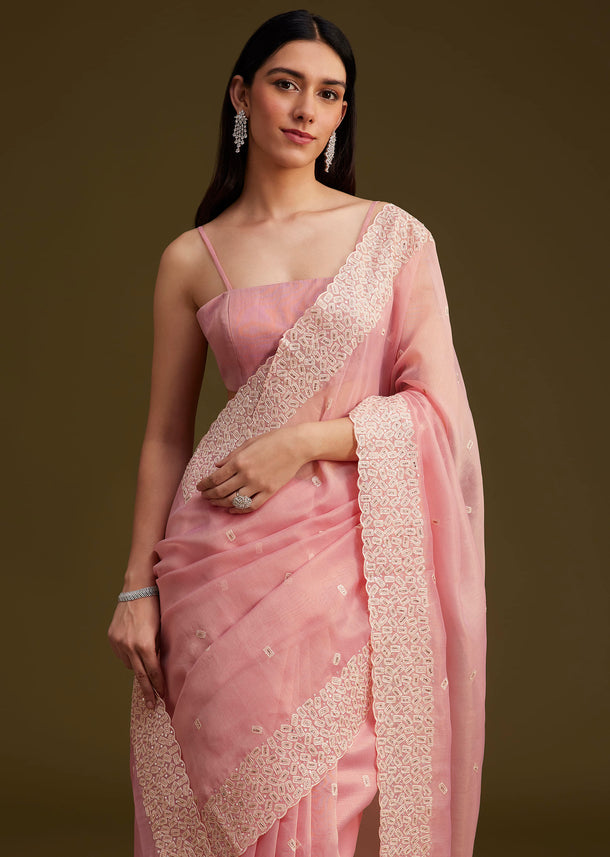 Light Pink Tissue Sequin And Resham Thread Work Saree