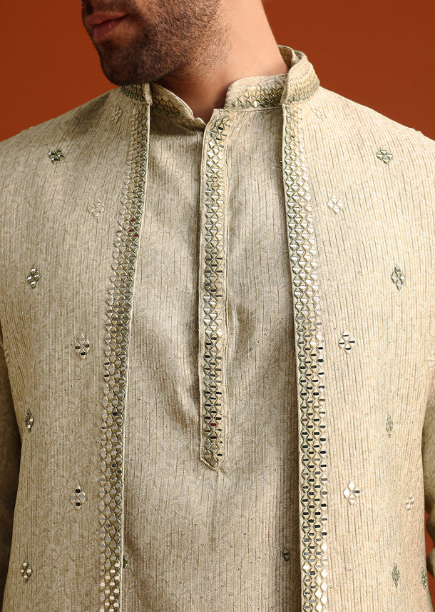Light Pista Cotton Silk Jacket Kurta And Jacket Set With Mirror Work