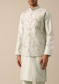 Light Pista Floral Threadwork Jacket And Kurta Set