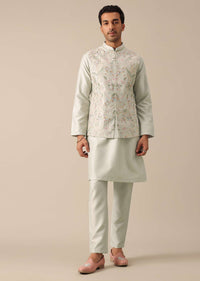 Light Pista Floral Threadwork Jacket And Kurta Set