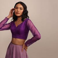 Light Purple Blouse In Organza With V Neckline