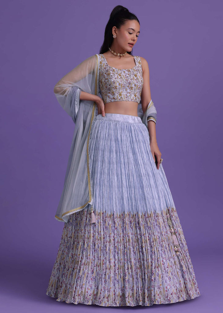 Light Purple Floral Printed Lehenga And Blouse Set In Silk