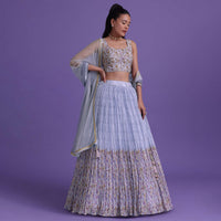 Light Purple Floral Printed Lehenga And Blouse Set In Silk