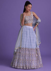 Light Purple Floral Printed Lehenga And Blouse Set In Silk