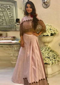 Light purple Raw Silk Top and Skirt with Cut Dana Embellished Net Cape Only on Kalki