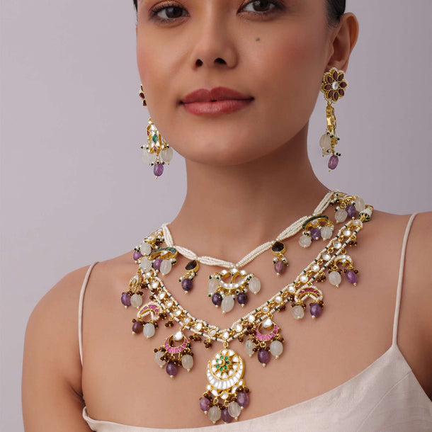 Light Purple Two Layered Bridal Kundan Necklace With Earrings