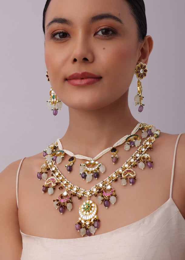 Light Purple Two Layered Bridal Kundan Necklace With Earrings