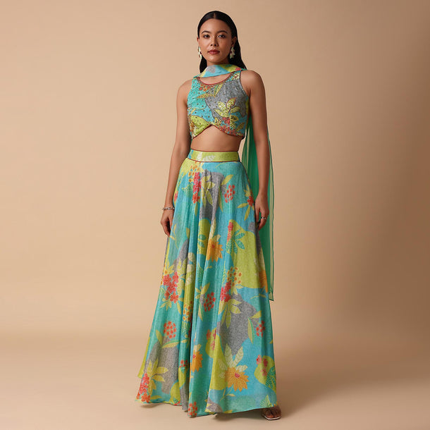 Light Teal Green Printed Lehenga Set