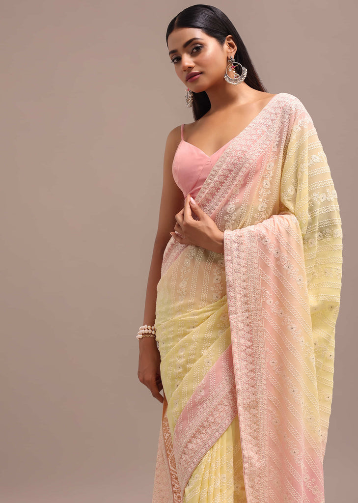 Light Yellow Ombre Chikankari Saree With Unstitched Blouse