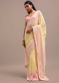 Light Yellow Ombre Chikankari Saree With Unstitched Blouse