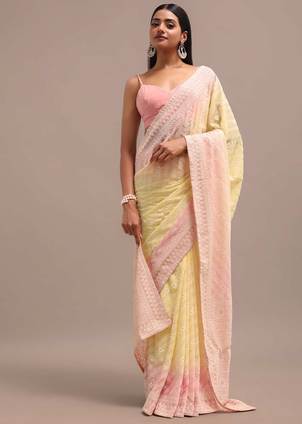 Light Yellow Ombre Chikankari Saree With Unstitched Blouse