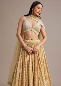 Light Yellow Printed Lehenga Set With Mirror And Moti Work