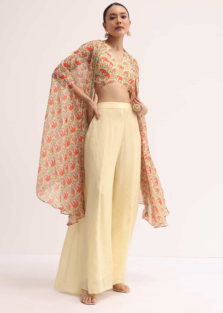 Light Yellow Printed Organza Palazzo Set With Jacket