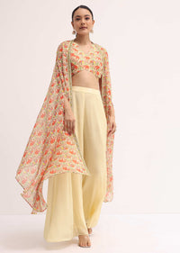 Light Yellow Printed Organza Palazzo Set With Jacket