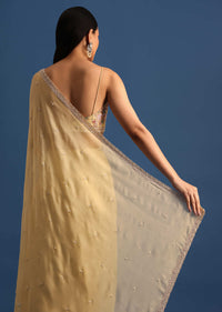 Light Yellow Stone Embroidered Crepe Saree With Unstitched Blouse