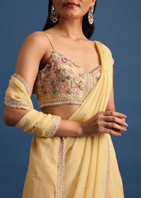 Light Yellow Stone Embroidered Crepe Saree With Unstitched Blouse