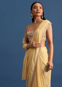 Light Yellow Stone Embroidered Crepe Saree With Unstitched Blouse