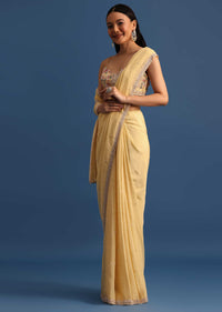 Light Yellow Stone Embroidered Crepe Saree With Unstitched Blouse