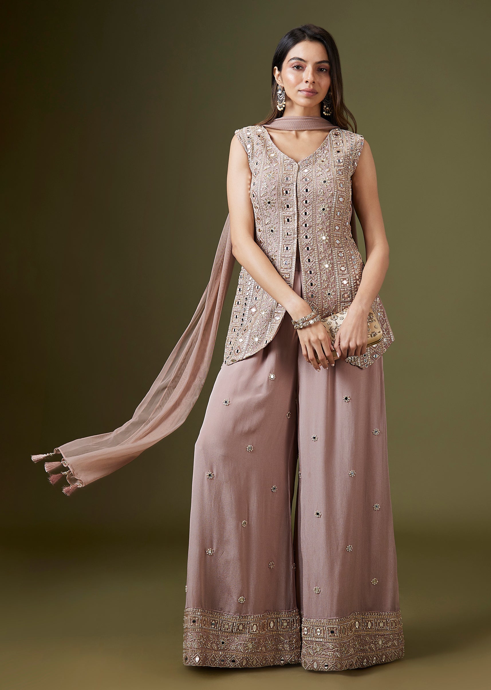 Onion Pink Front Slit Palazzo Set With Mirror Cut Dana Work