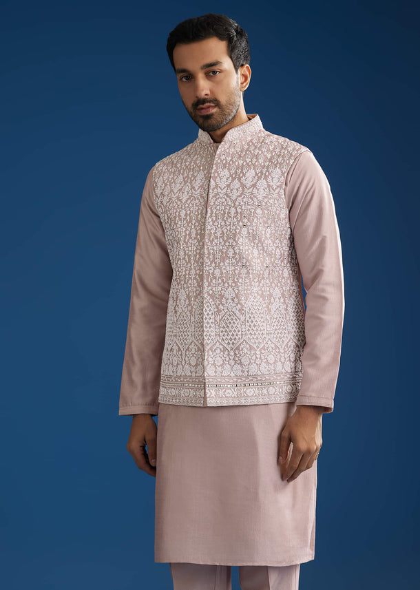 Lilac Cotton Silk Jacket Kurta Set With Mirror And Dori Embroidery