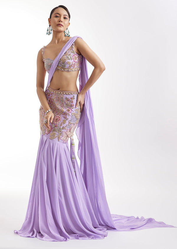 Lilac Embroidered Blouse And Draped Skirt Set