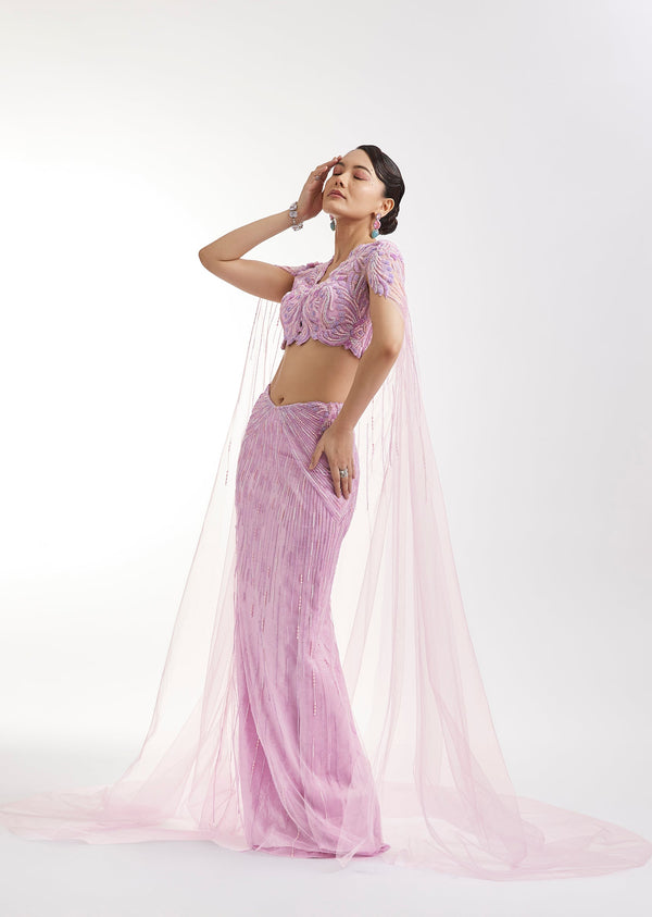 Lilac Embroidered Lehenga Set With Cape Blouse