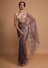 Lilac purple organza saree with  floral embroidery Online - Kalki Fashion