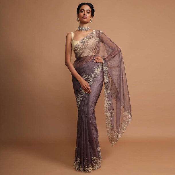 Lilac purple organza saree with  floral embroidery Online - Kalki Fashion