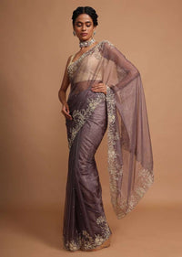 Lilac purple organza saree with  floral embroidery Online - Kalki Fashion