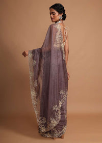 Lilac purple organza saree with  floral embroidery Online - Kalki Fashion