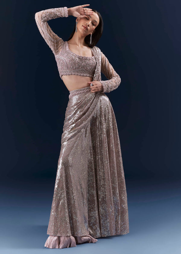 Lilac Imported Sequins Crop Top And Palazzo Pants With Attached Dupatta