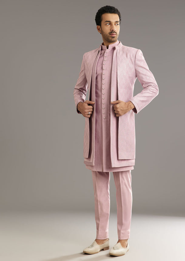 Lilac Indo Western Suit With Self Texture Work